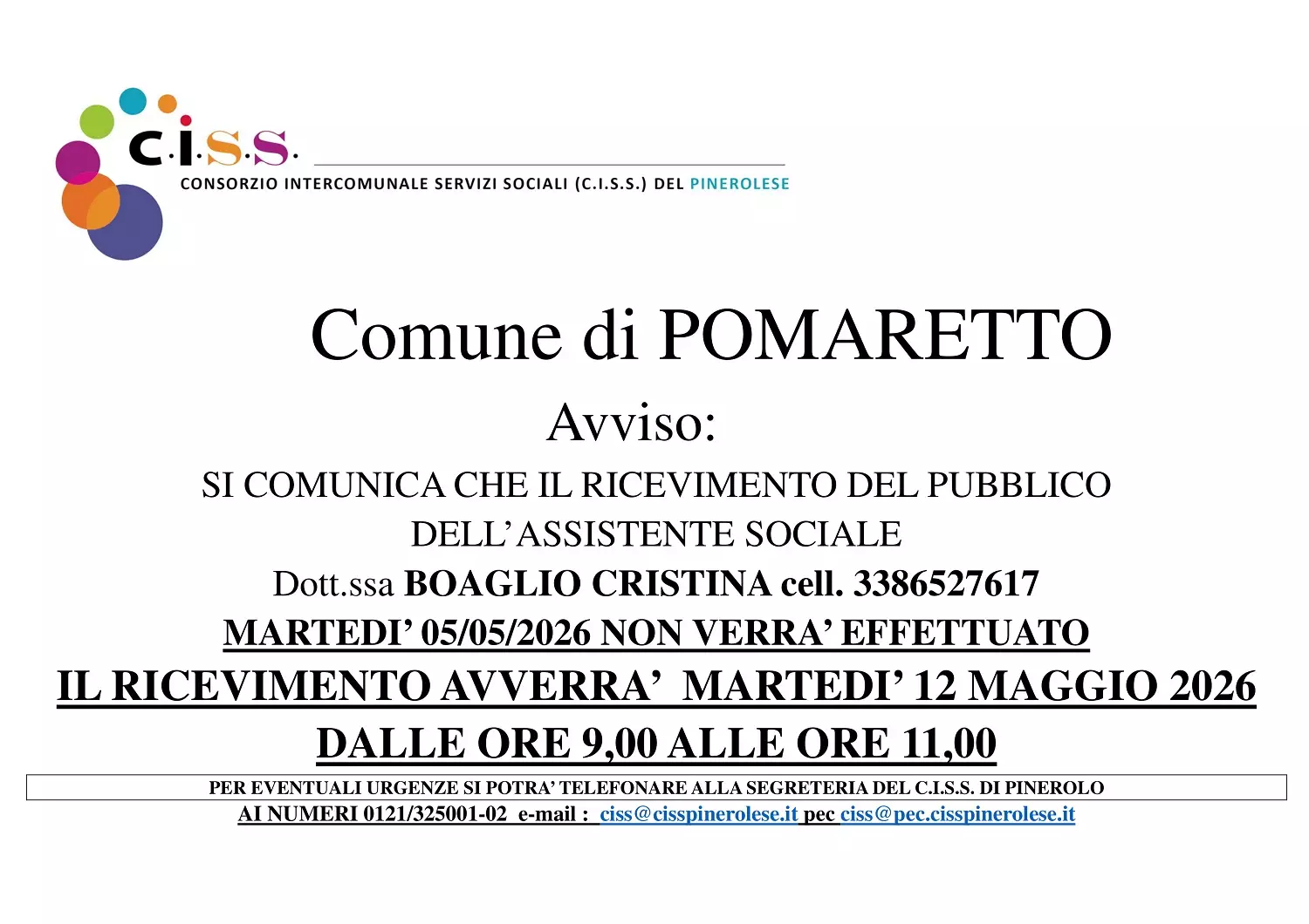 ricevimento martedì 12 maggio